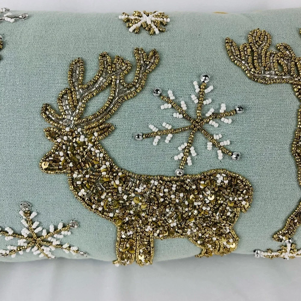 Liberty Beaded Reindeer Snowflake Lumbar Accent Throw Pillow Teal Gold Bronze